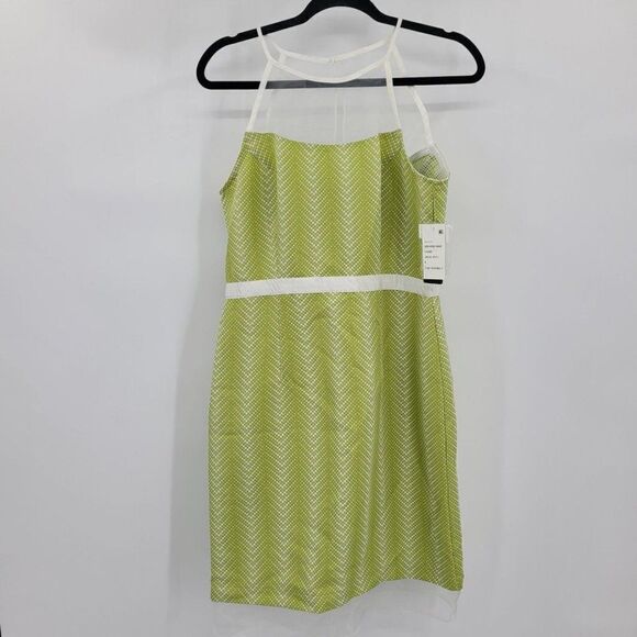 J. Taylor Retro 60's Avocado Green Mod Illusion Sheer Neckline Sheath Dress Sz 8 - Picture 1 of 13
